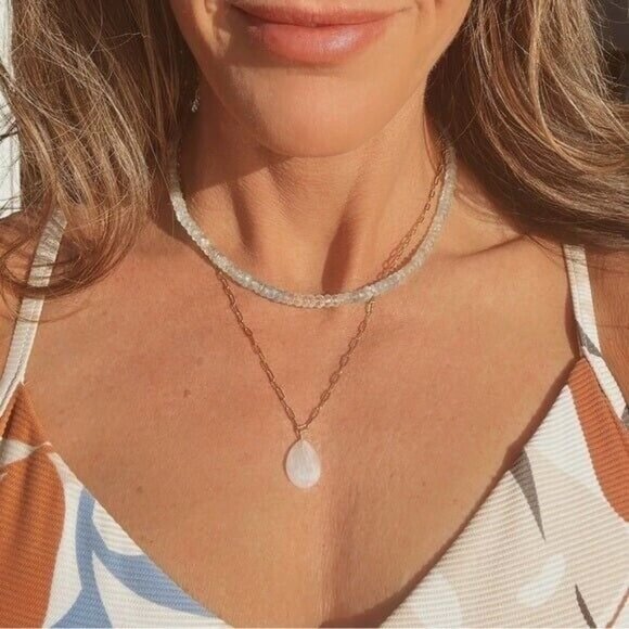 Ombre Aquamarine Beaded Necklace Genuine Gemstone Waterproof Gold Adjustable - Picture 11 of 12